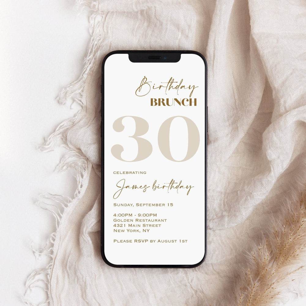 White Gold Electronic Birthday Brunch Invitation, Editable 30th Birthday Evite, Digital Paperless Invite Template, Instant Download
