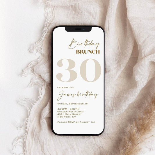 White Gold Electronic Birthday Brunch Invitation, Editable 30th Birthday Evite, Digital Paperless Invite Template, Instant Download