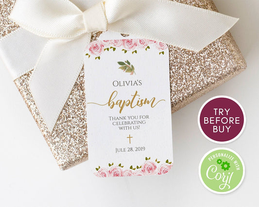 Floral Baptism Thank You Tag | Editable Christening Favor Tag Template | Printable Baptism Gift Tag | Instant Download | Girl Baptism Tag
