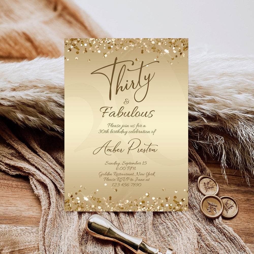 Gold 30th Birthday Invitation for Her – Thirty & Fabulous Surprise Party Invite | Editable Gold Foil Confetti Template | Printable Luxury Women’s Digital Download