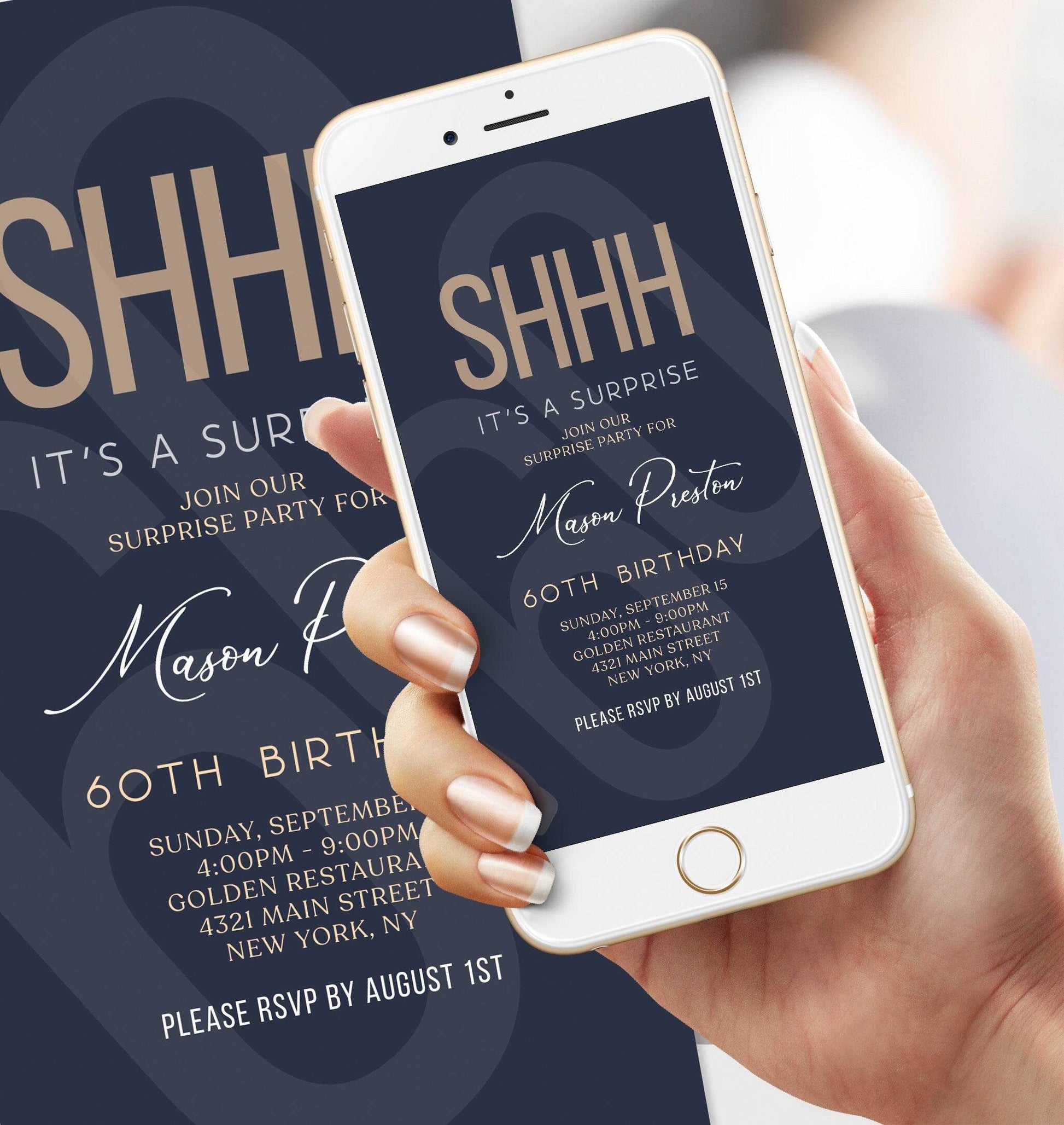 Digital Navy Gold 60th Sixty Shhh its a surprise, Electronic birthday invitation template, Editable Text Message Evite, Custom Phone Invite