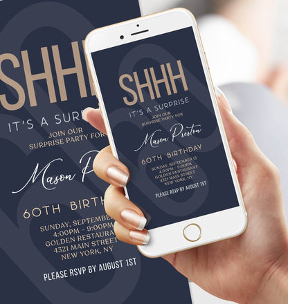 Digital Navy Gold 60th Sixty Shhh its a surprise, Electronic birthday invitation template, Editable Text Message Evite, Custom Phone Invite
