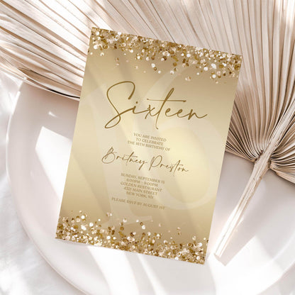 Gold 16th Birthday Invitation Template, Editable Digital Sweet Sixteen Party Invite, Confetti Text Message Evite, Instant Download DIY