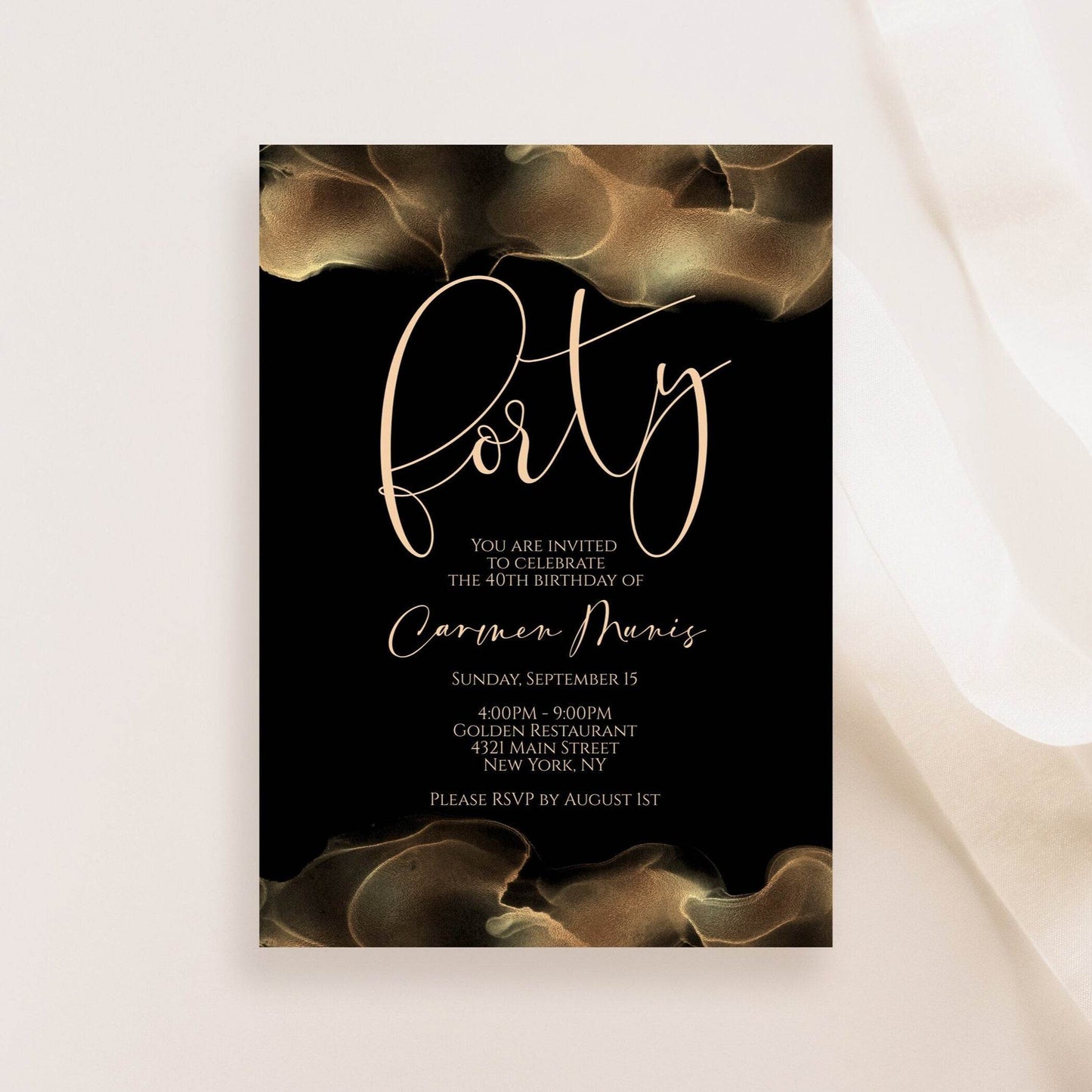Editable 40th Birthday Invitation Template | Black Gold Foil &amp; Blush Luxury Invite | Printable Digital Birthday Party Invitation | Text or Email Evite