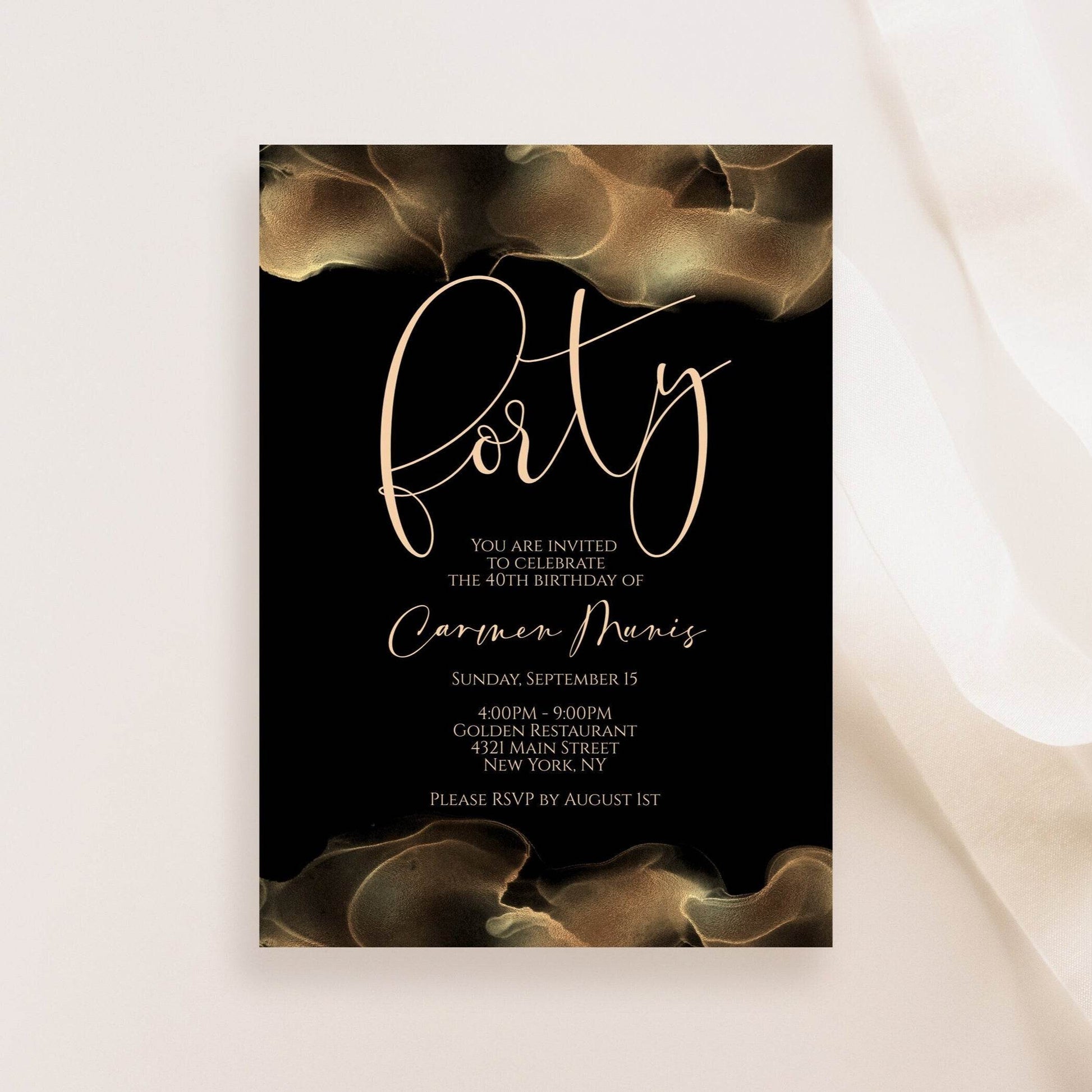 Editable 40th Birthday Invitation Template | Black Gold Foil &amp; Blush Luxury Invite | Printable Digital Birthday Party Invitation | Text or Email Evite