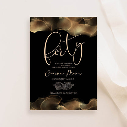 Editable 40th Birthday Invitation Template | Black Gold Foil &amp; Blush Luxury Invite | Printable Digital Birthday Party Invitation | Text or Email Evite