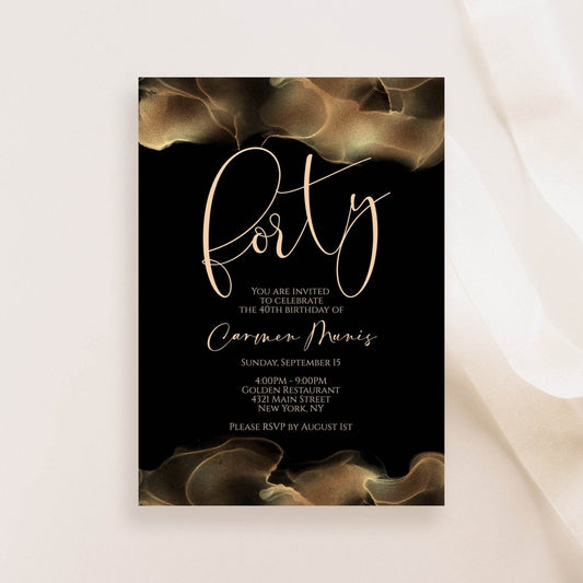 Editable 40th Birthday Invitation Template | Black Gold Foil &amp; Blush Luxury Invite | Printable Digital Birthday Party Invitation | Text or Email Evite