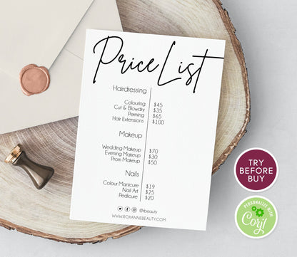 Price List Editable Template, Business Price List Template, Editable Price Guide DIY, Pricing Sheet Beauty Salon Template, Instant Download