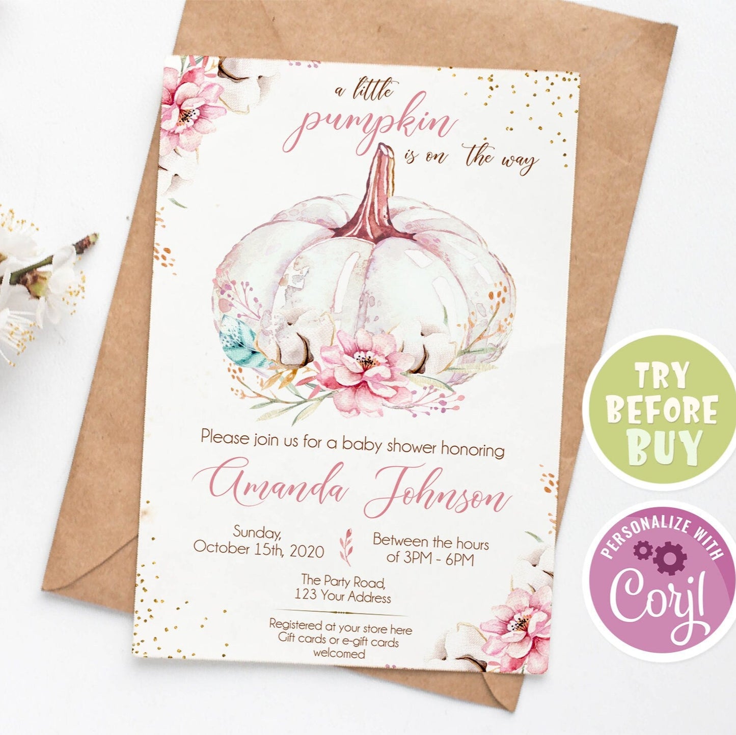 Editable Pumpkin Baby Shower Invitation Template – Floral Pink & Gold Baby Sprinkle