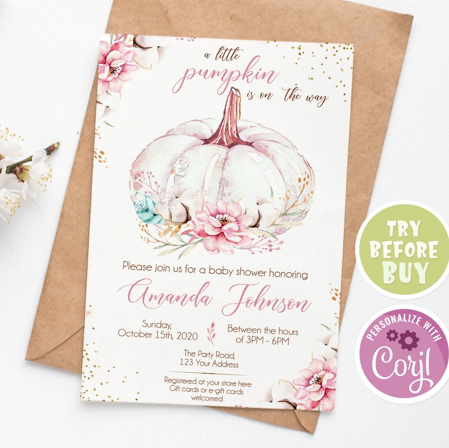 Editable Pumpkin Baby Shower Invitation Template – Floral Pink & Gold Baby Sprinkle