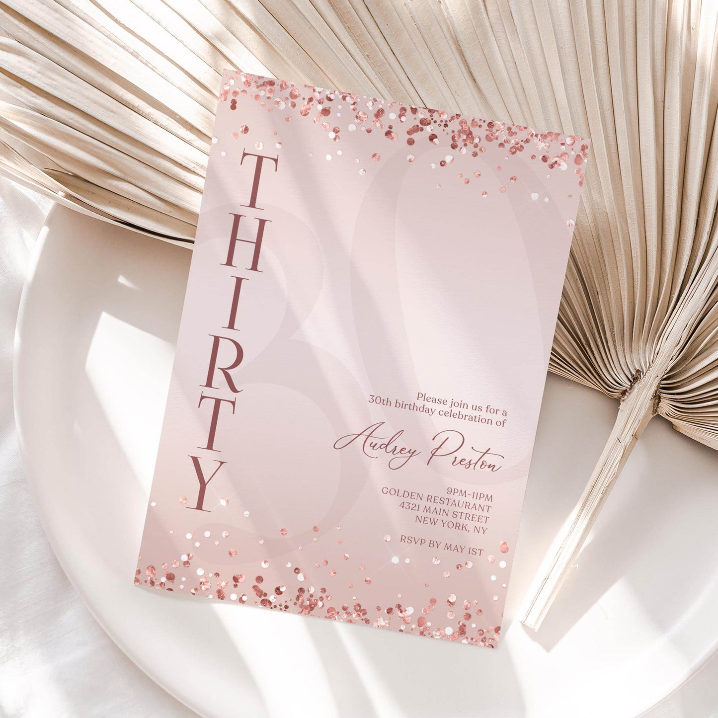 Luxury Rose Gold 30th Birthday Invitation – Editable Pink Surprise Party Invite – Digital Text or Email Template – Instant Download