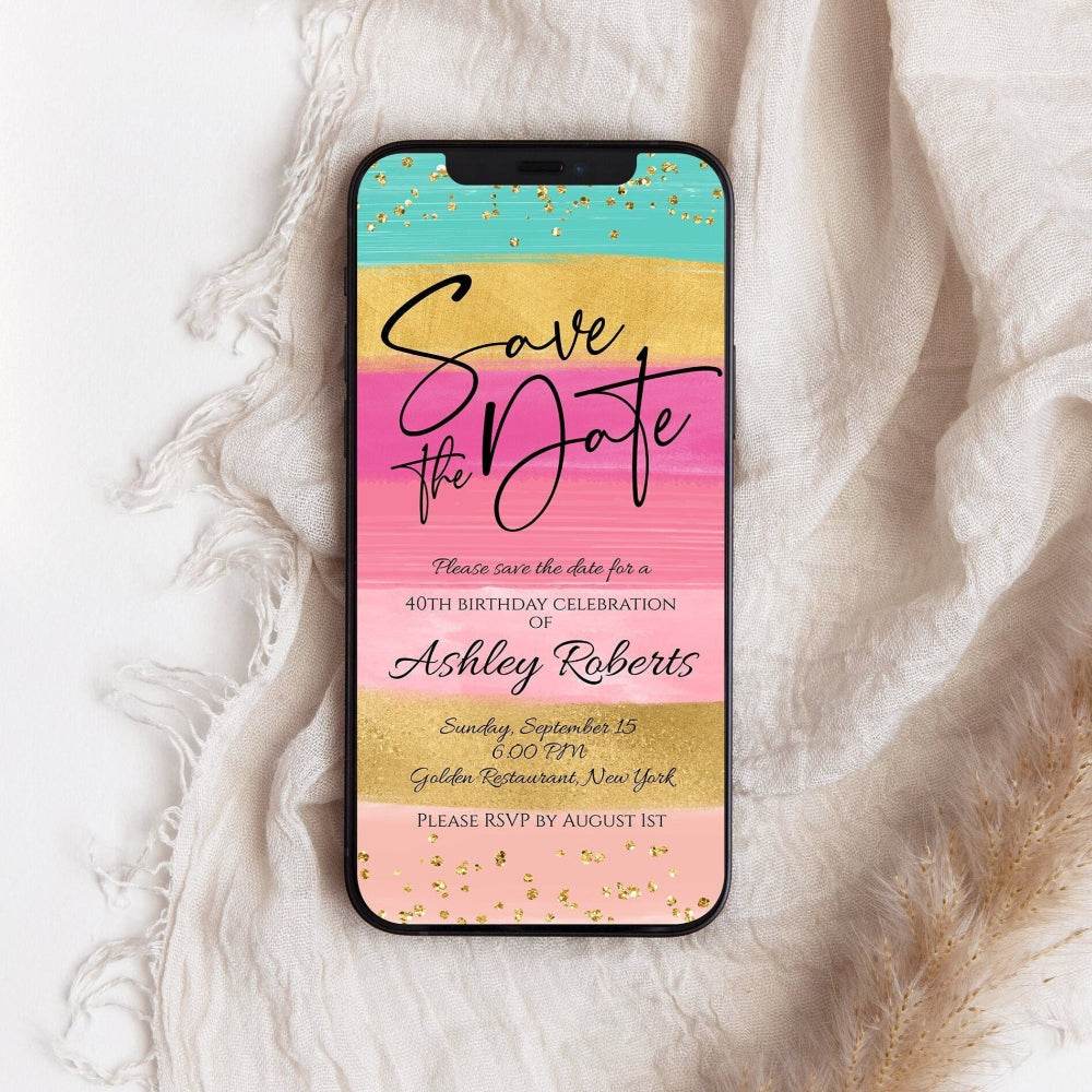 Save the Date Digital Invitation – Rainbow Gold Birthday Evite – Editable Text Message Template – Instant Download – DIY Invite