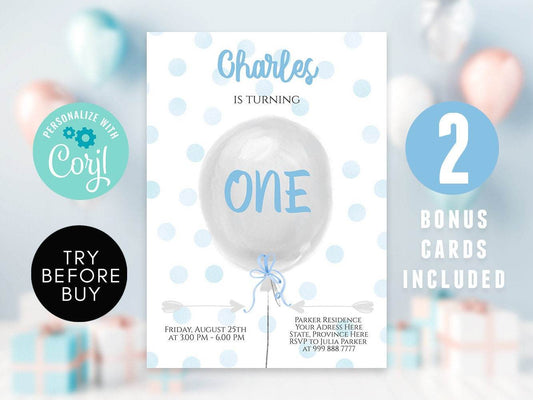 Boy Birthday Invitation Template with Balloons | Editable Blue Confetti 1st Birthday Invite | Kids Party Printable | Instant Download