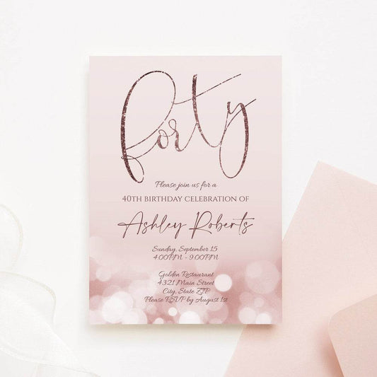 Printable 40th Birthday Invitation – Rose Gold Glitter & Purple Text | Editable Forty Party Invite Template | Digital Download | DIY Instant Invite