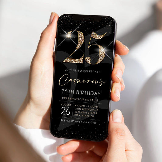 Luxury Digital 25th Twenty Five Birthday Evite Invitation Template, Electronic Black Gold Modern Invite, Text Message Evite, 25 Phone Invite