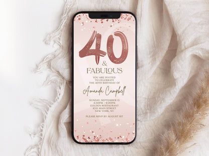 Digital Forty and Fabulous Dinner Party Invite – Editable Rose Gold 40th Birthday Invitation – Electronic Ladies Evite – Text Message Birthday Invitation