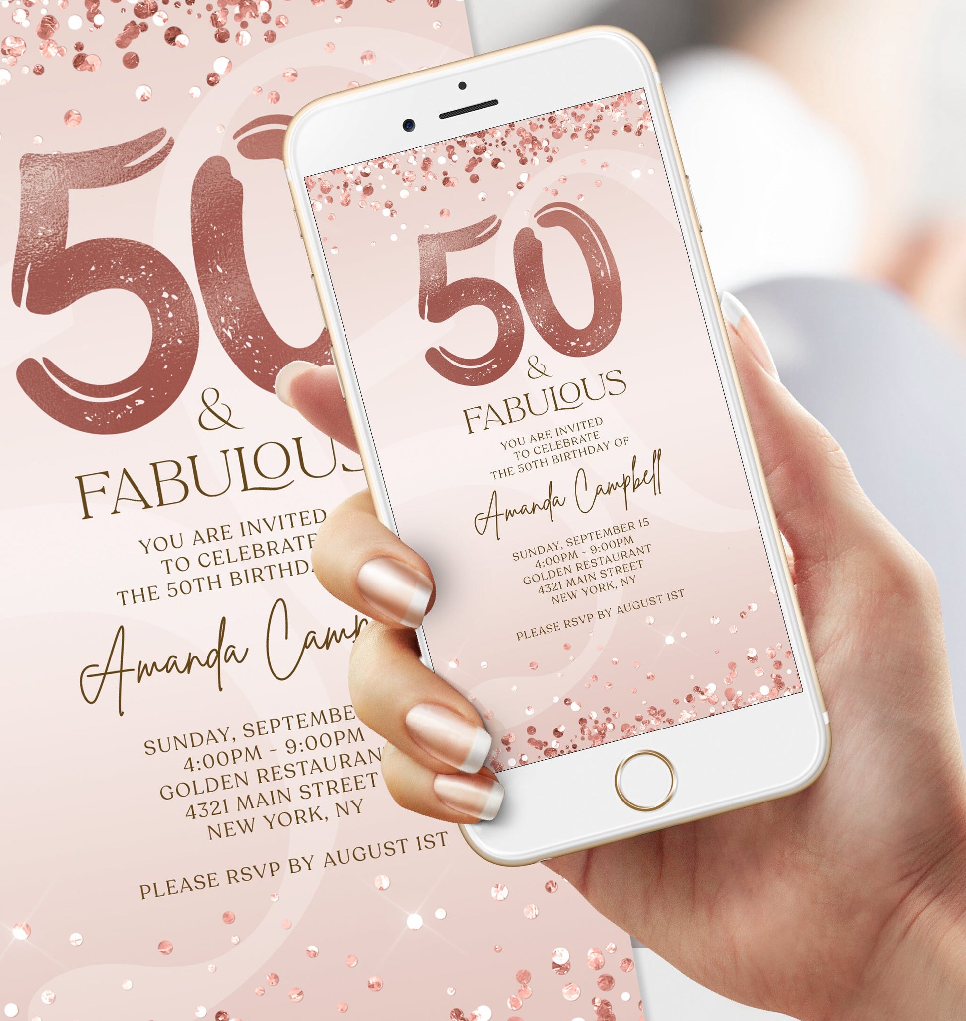 Digital Fifty and Fabulous Dinner Party Invite, 50th Birthday Invitation, Editable Rose Gold Ladies Evite, Electronic Text Message Evite