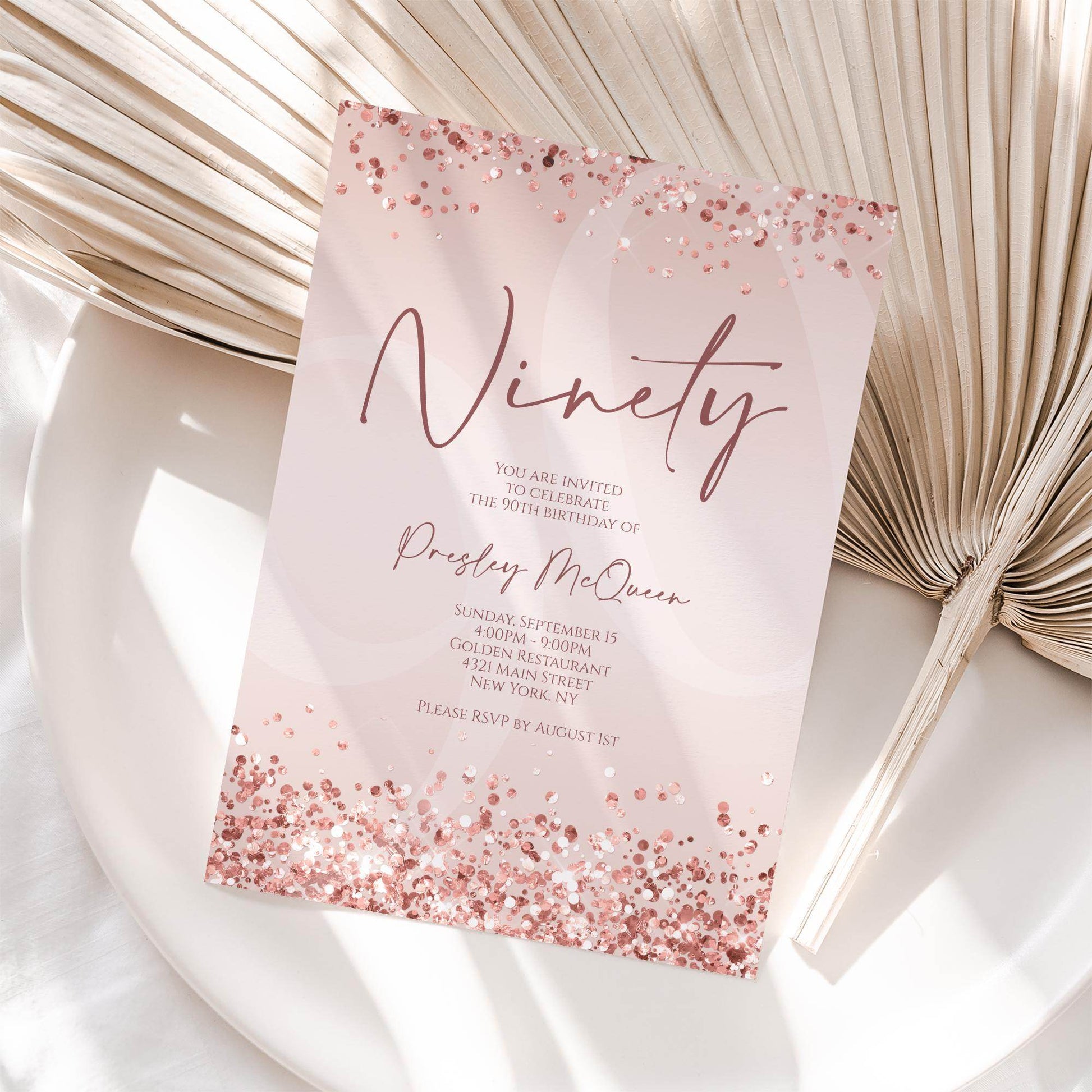 Rose Gold 90th Birthday Invitation Template, Printable Editable Pink Confetti Invite, 90th Digital Text or Email Evite Download