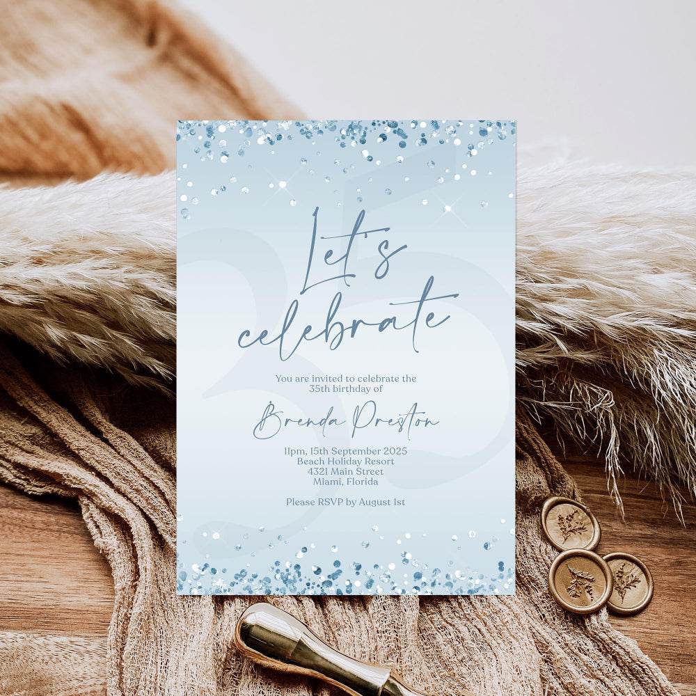 Printable Blue Silver Birthday Invitation | Editable Let's Celebrate Confetti Invite | Digital Any Age Party Template | Text Message Evite