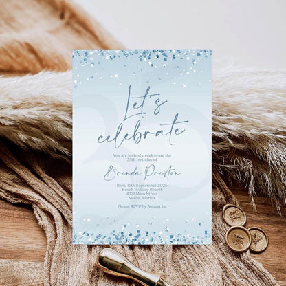 Printable Blue Silver Birthday Invitation | Editable Let's Celebrate Confetti Invite | Digital Any Age Party Template | Text Message Evite