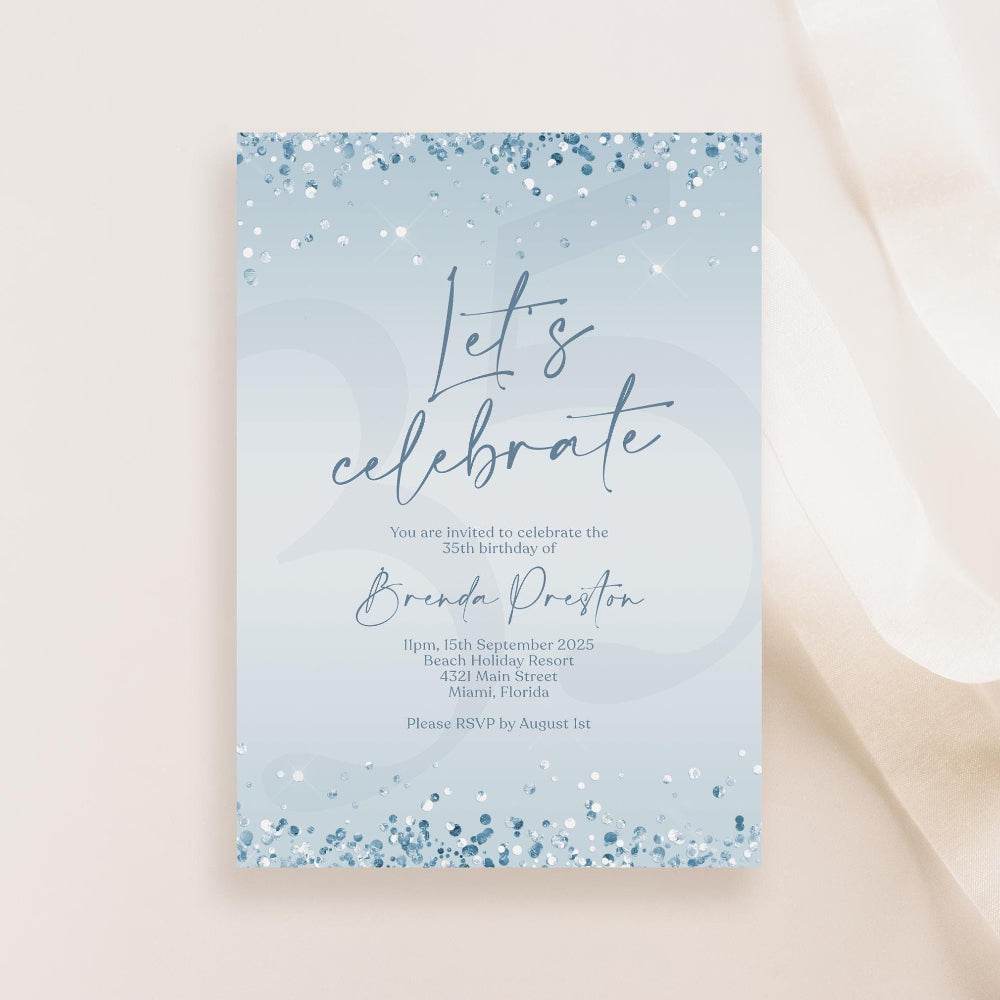 Printable Blue Silver Birthday Invitation | Editable Let's Celebrate Confetti Invite | Digital Any Age Party Template | Text Message Evite