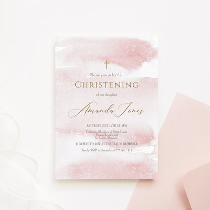 Printable Girl Christening Invitation Template, Christening Invite, Pink Watercolor, Girl Rose Gold, DIY Editable Baptism Invitation 5x7
