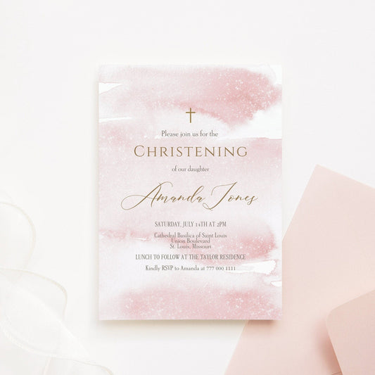 Printable Girl Christening Invitation Template, Christening Invite, Pink Watercolor, Girl Rose Gold, DIY Editable Baptism Invitation 5x7