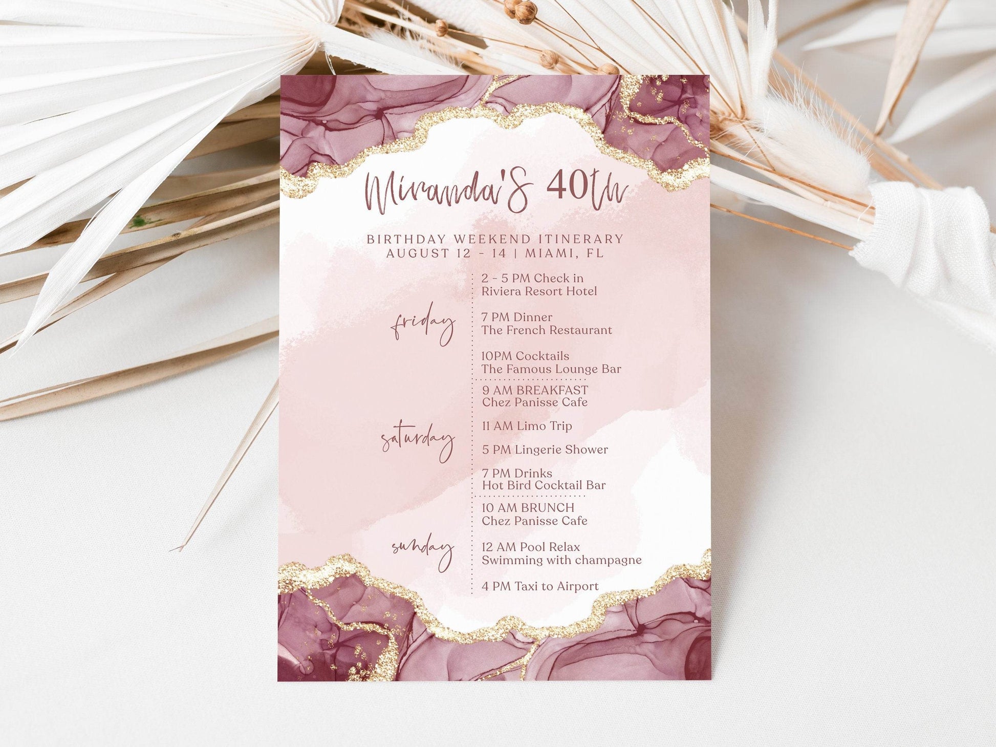 Pink Birthday Weekend Itinerary Template, Editable Shades of Pink Any Age Birthday Weekend, Printable Woman Itinerary, Ladies Birthday