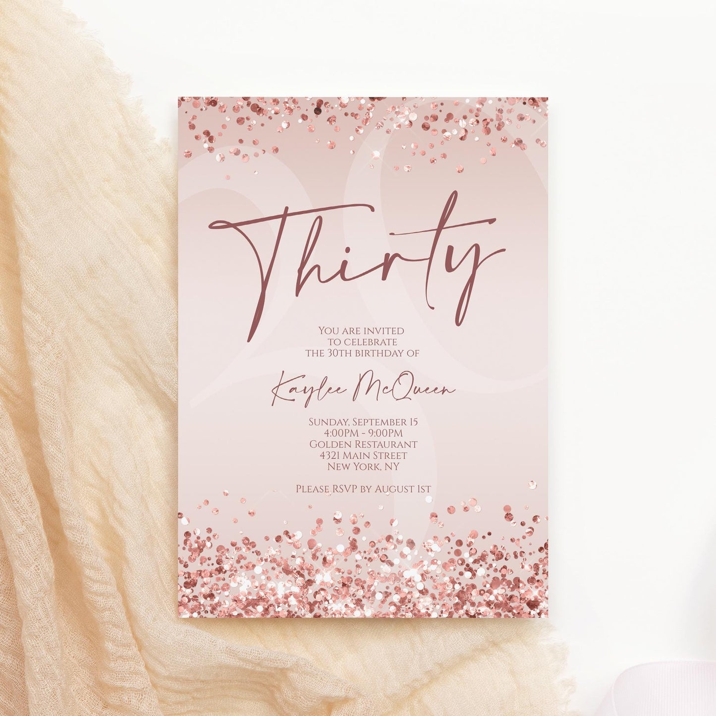 Rose Gold 30th Thirty Invitation Template Printable, Editable Rose Gold Confetti Birthday Invite, Email Text Message, Women Pink Invitation