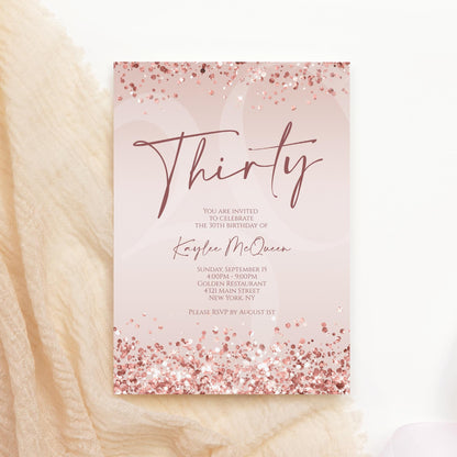 Rose Gold 30th Thirty Invitation Template Printable, Editable Rose Gold Confetti Birthday Invite, Email Text Message, Women Pink Invitation