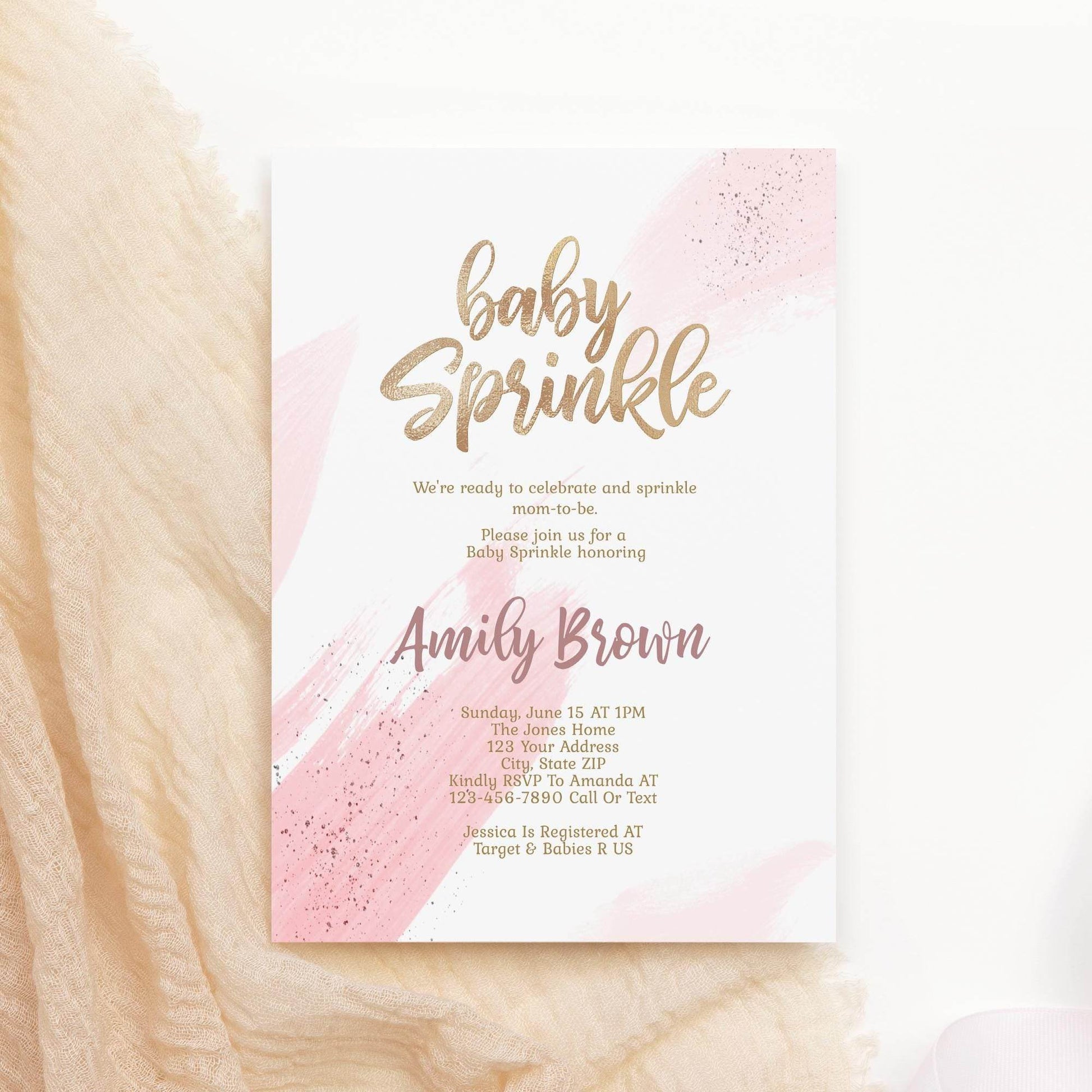 Girl Baby Sprinkle Invitation Template Printable, Gold Pink Baby Sprinkle Invite, Editable Girl Baby Shower Card, Email Text Message