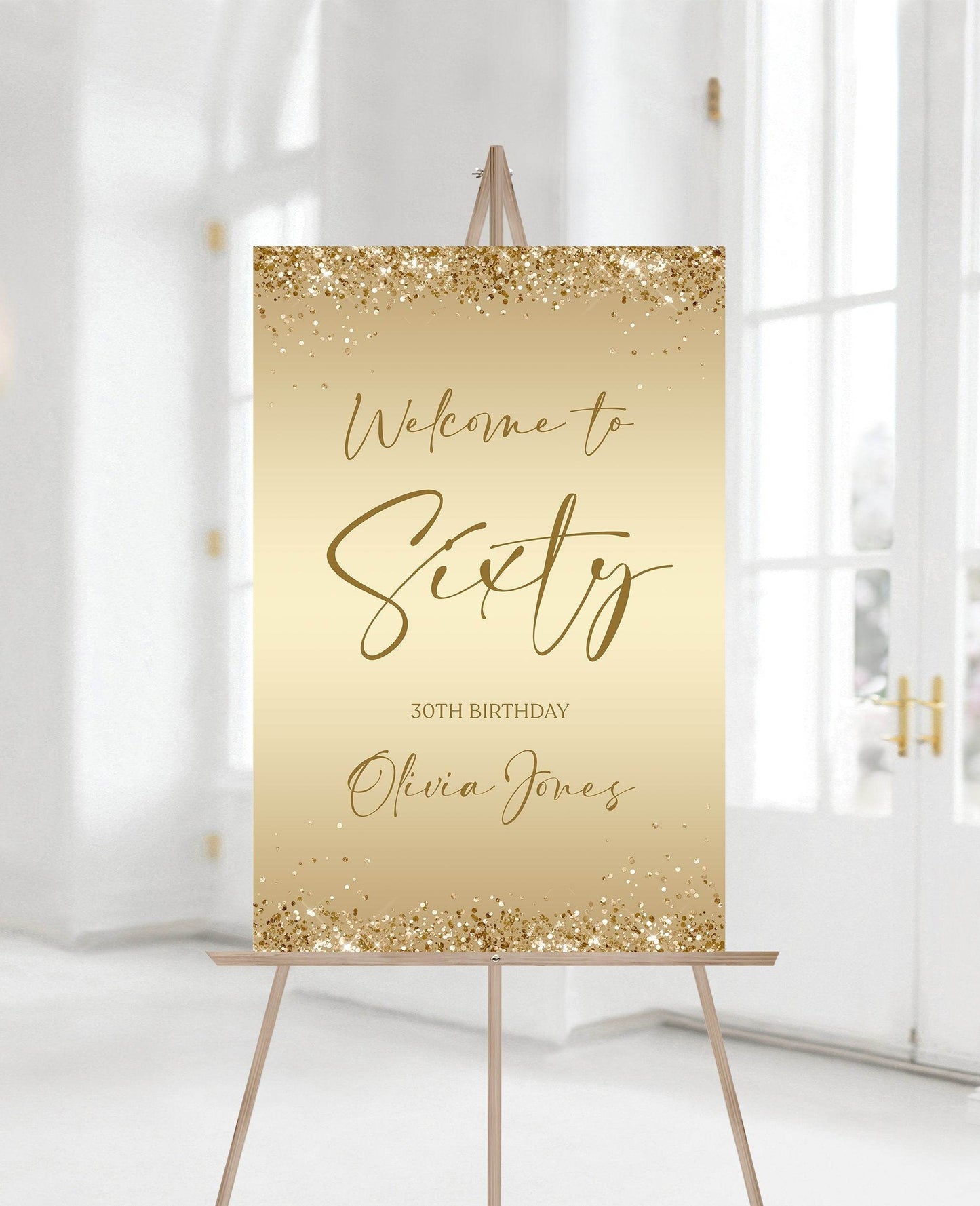 Printable Gold 60th Birthday Welcome Sign, Editable Party Sign Template, Gold Foil Confetti Poster, Modern Sixty Birthday Decor Download