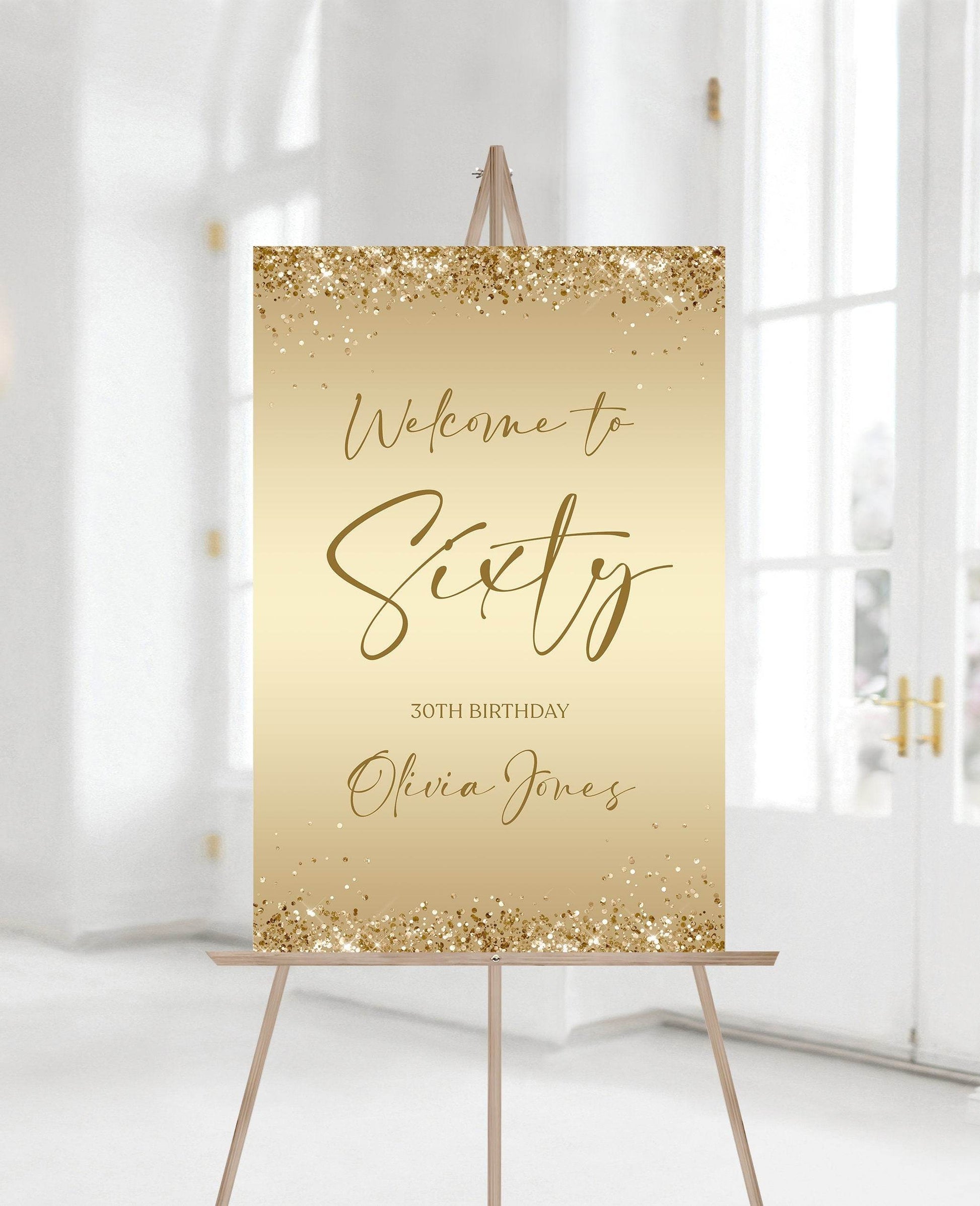 Printable Gold 60th Birthday Welcome Sign, Editable Party Sign Template, Gold Foil Confetti Poster, Modern Sixty Birthday Decor Download