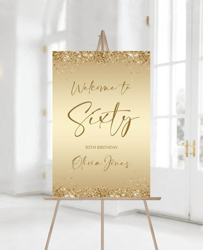 Printable Gold 60th Birthday Welcome Sign, Editable Party Sign Template, Gold Foil Confetti Poster, Modern Sixty Birthday Decor Download
