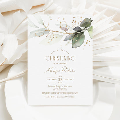 Printable Christening Invitation Card Template, Editable Greenery Eucalyptus Invite, Boy Girl Baptism Invitation, Digital Instant Download