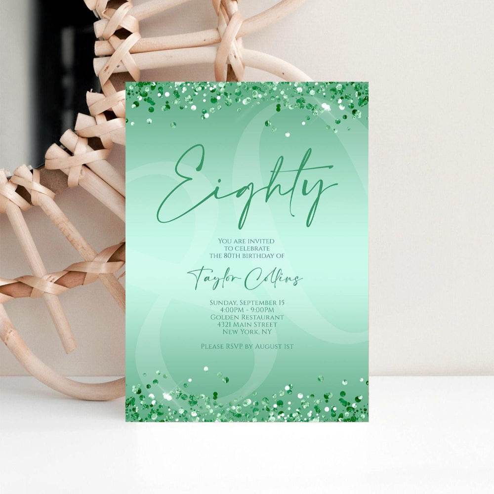 Printable Mint Green 80th Birthday Invitation Template | Editable Digital Mint Birthday Card for Women | Instant Download