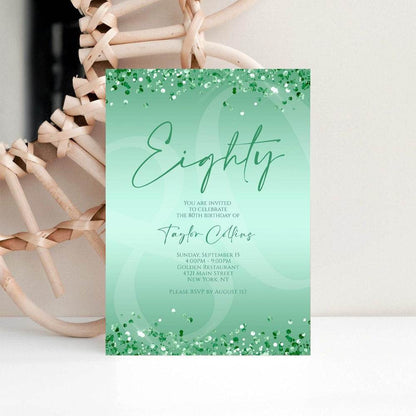 Printable Mint Green 80th Birthday Invitation Template | Editable Digital Mint Birthday Card for Women | Instant Download