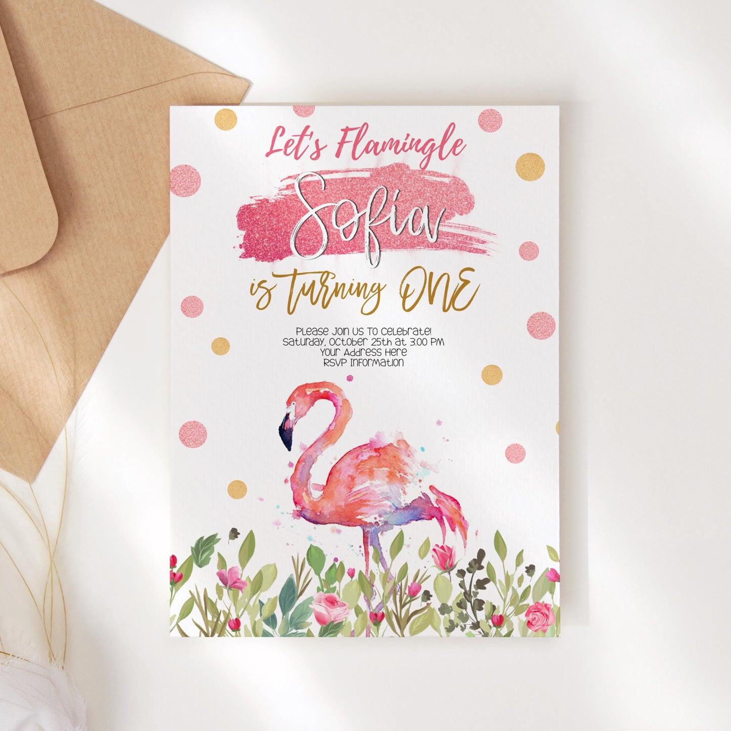 1st Birthday Flamingo Invitation Template - Instant Download