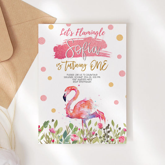 1st Birthday Flamingo Invitation Template - Instant Download