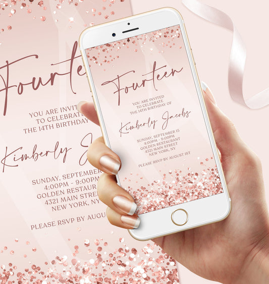 Digital 14th Fourteen Birthday Electronic Invitation, 14th Editable Invite, Text Message Evite, Custom Mobile Invitation, Digital Template, Instant Download, Phone Invitation