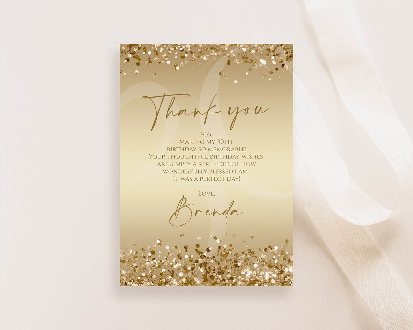 Gold Thank You Card Template | Editable Gold Foil Confetti Notecard | Birthday or Anniversary Printable | Digital Thank You Card | Instant Download