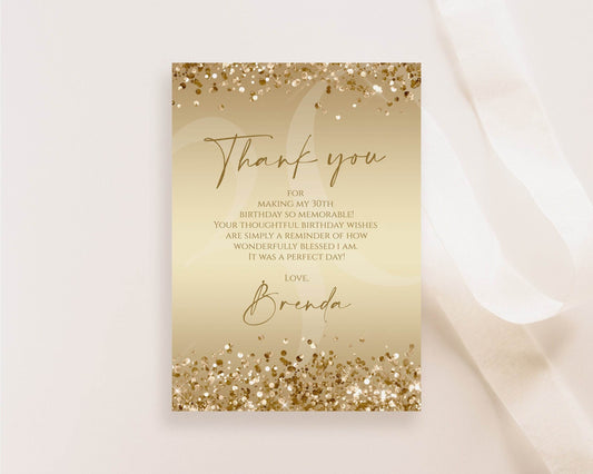 Gold Thank You Card Template | Editable Gold Foil Confetti Notecard | Birthday or Anniversary Printable | Digital Thank You Card | Instant Download