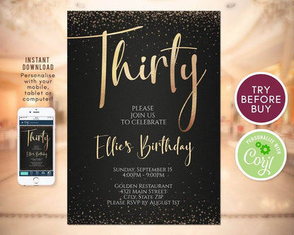 Black and Gold 30th Birthday Invitation – Editable Thirty Birthday Invite | Printable Thirtieth Party Invitation | Instant Download