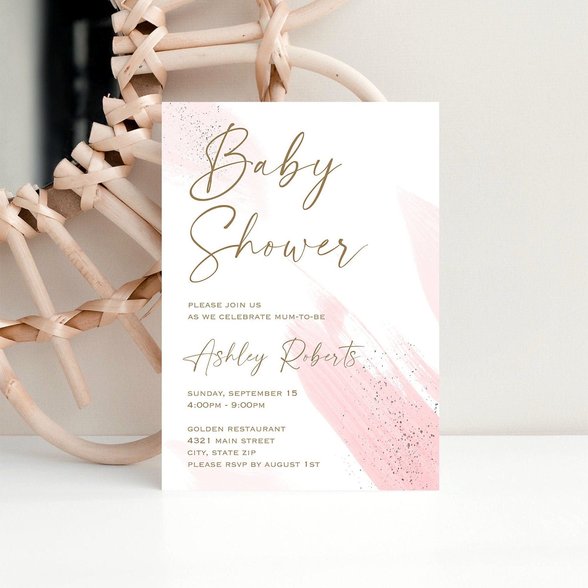 Pink and Gold Baby Shower Invitation | Oh Baby Invite Template | Minimalist Watercolor Girl Baby Shower | Editable Digital Download