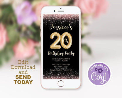 Electronic 20th Birthday Text Invitation Template – Editable Twenty Birthday Text Evite | Digital Phone Invitation | Instant Download