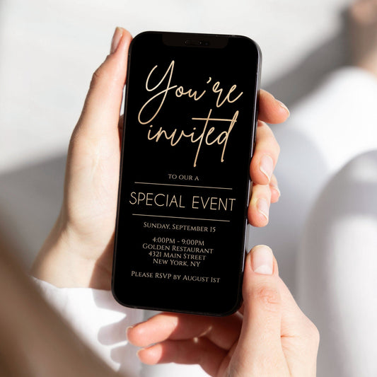 Gold Foil “You’re Invited” Evite – Black Minimalist Digital Invite Download