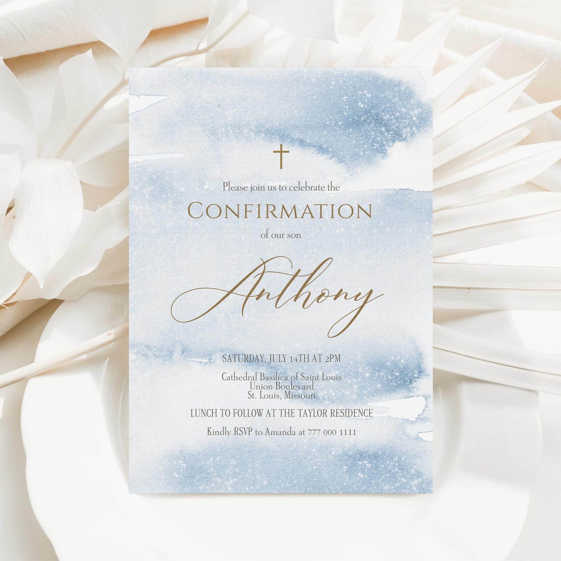 Boy Confirmation Invitation Template Printable , Blue Gold Watercolor Confirmation Invite, Editable Confirmation Card, Email Text Message