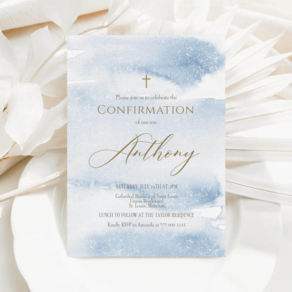 Boy Confirmation Invitation Template Printable , Blue Gold Watercolor Confirmation Invite, Editable Confirmation Card, Email Text Message