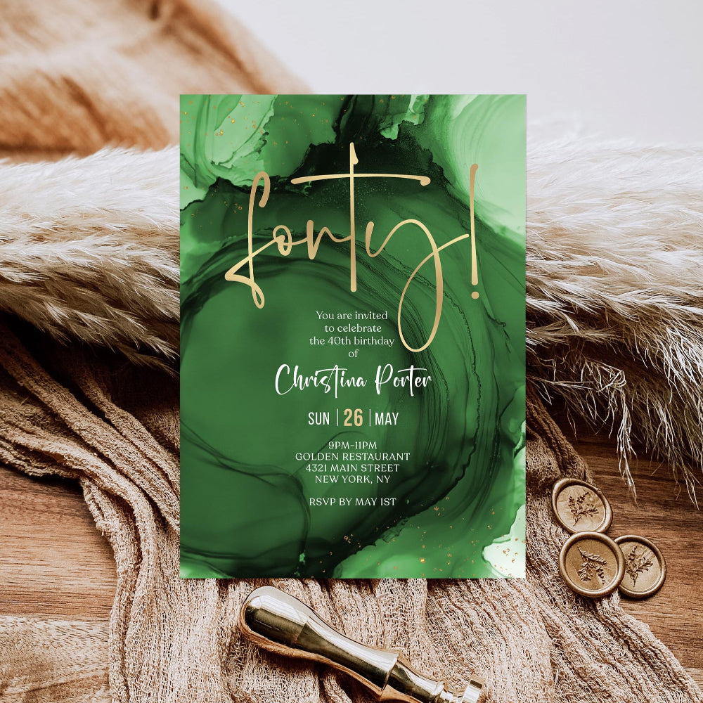 Green & Gold 40th Birthday Invitation | Editable Emerald Surprise Party Invite | Printable Digital Birthday Template | Instant Download