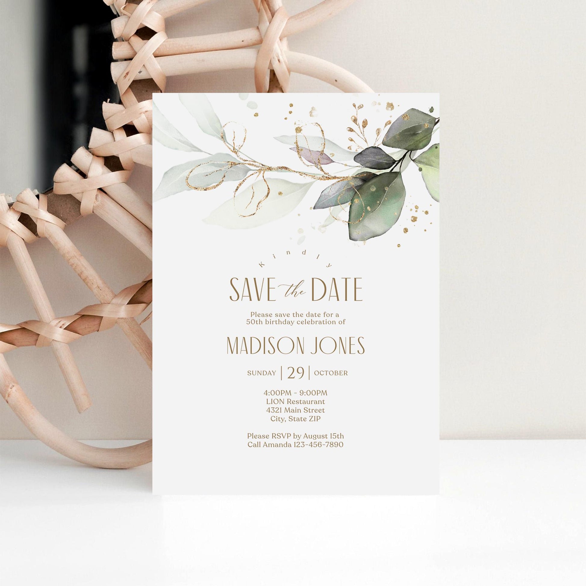 Editable Save the Date Greenery Birthday Card Invitation Template, Printable Any Age Birthday Invite, Save the Date Email Text Message Evite